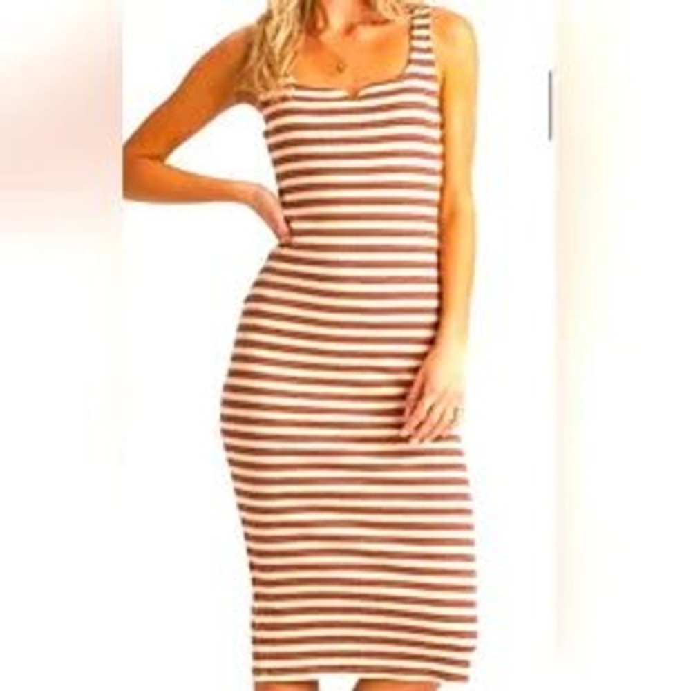 Billabong Striped Ribbed Bodycon Midi Dress Large Rust Mustard JD531BNI